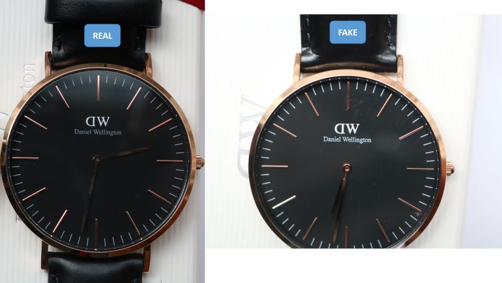 2 loại mặt số đen đồng hồ Daniel Wellington chính hãng và fake