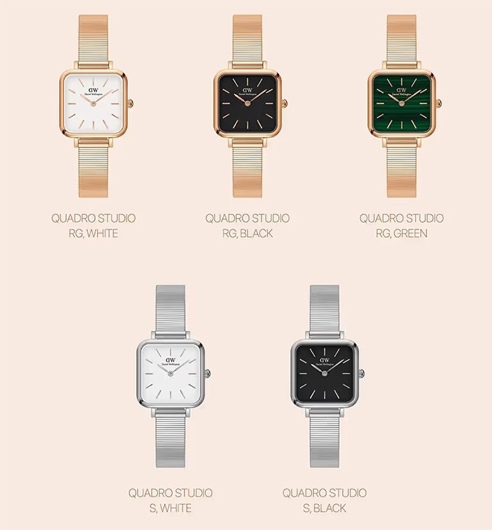 Một mẫu đồng hồ Daniel Wellington nữ mặt vuông, phù hợp để phối hợp tạo thành đồng hồ DW đôi chính hãng.