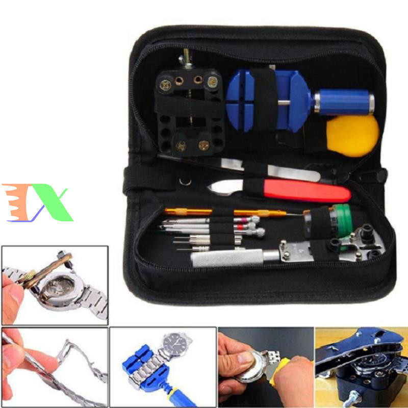 Các chi tiết chính trong bộ dụng cụ tháo lắp đồng hồ, bao gồm dụng cụ mở đáy và đột dây.