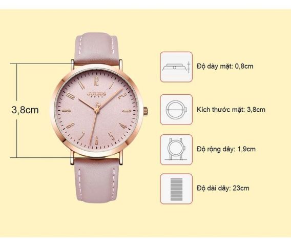 Đồng hồ nữ dây da Julius JA-1017D màu hồng tổng quan