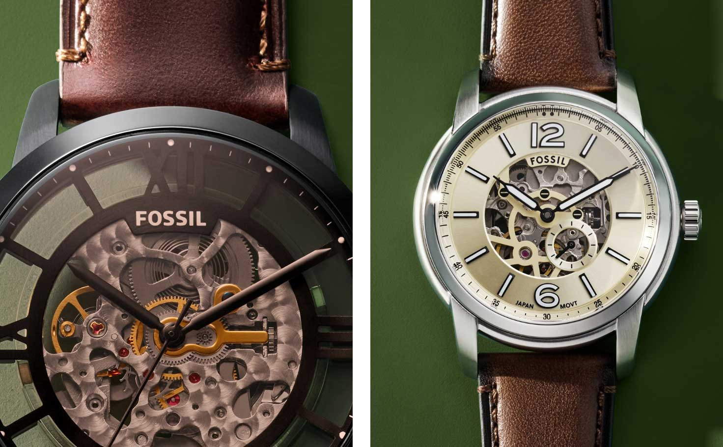 Cận cảnh đồng hồ Fossil cơ lộ máy Everett trên cổ tay, thể hiện sự tinh tế và phong cách