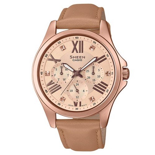Đồng hồ Casio Sheen dây da SHE-3806GL-9AUDR với mặt số tròn, các chi tiết tinh xảo và dây da màu nâu đất, thể hiện sự quý phái