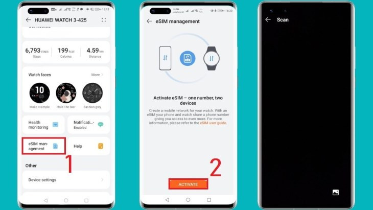 Thực hiện các bước Activate eSim trong ứng dụng HUAWEI Health để kích hoạt đồng hồ Huawei