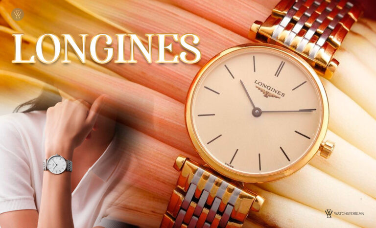 Một chiếc đồng hồ Longines vàng hồng với mặt số trắng và dây đeo kim loại, thể hiện vẻ đẹp cổ điển và sang trọng, minh họa cho mức giá đồng hồ Longines chính hãng.