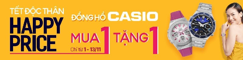Hình ảnh minh họa chương trình khuyến mãi lớn mua 1 tặng 1 đồng hồ Casio, thu hút người tiêu dùng.