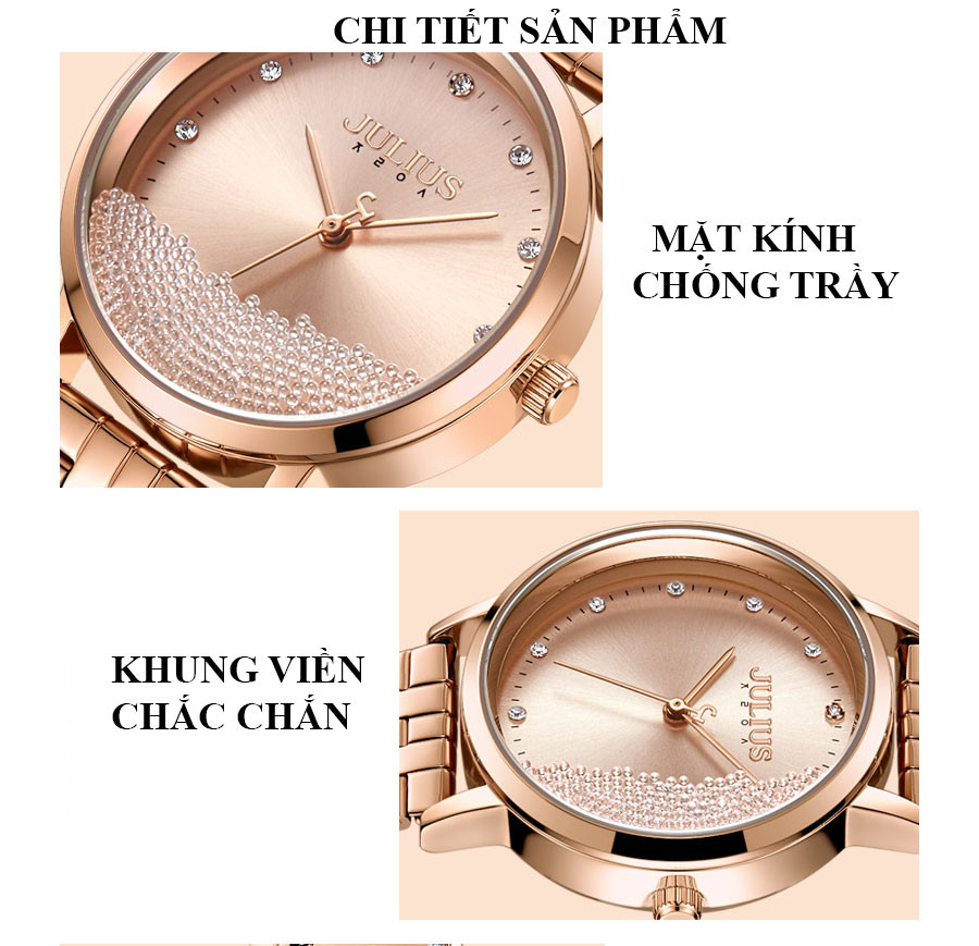 Chi tiết dây đeo kim loại bền bỉ của đồng hồ Julius nữ mặt tròn