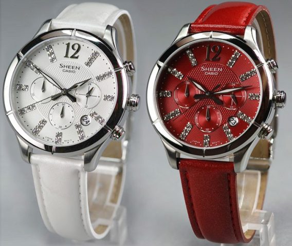 Đồng hồ nữ cao cấp Casio Sheen 5020L với mặt đính pha lê màu sắc trên nền đen