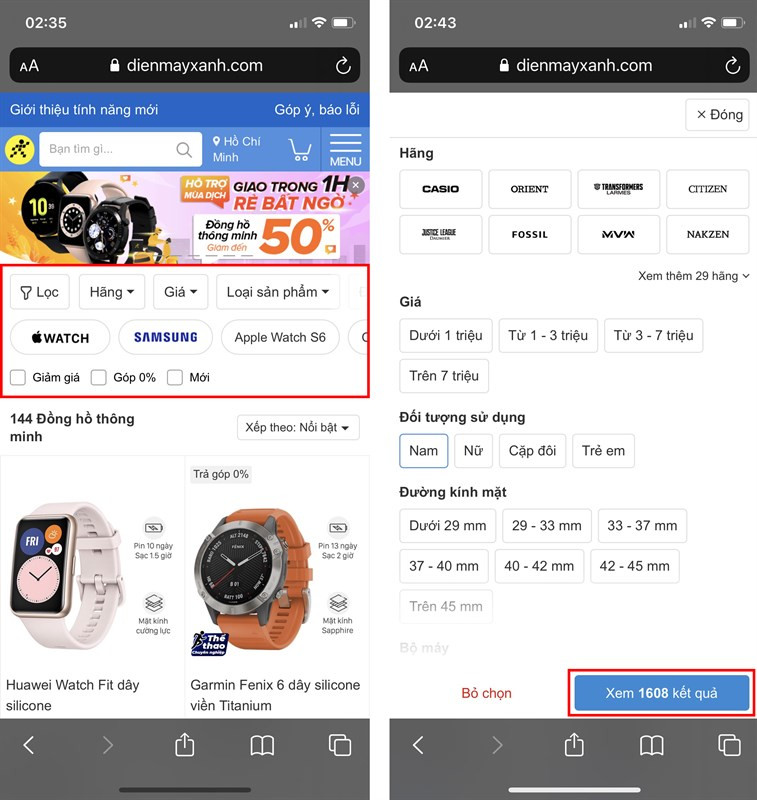 Bộ lọc đồng hồ trên website Điện Máy Xanh hỗ trợ tìm mua hiệu quả