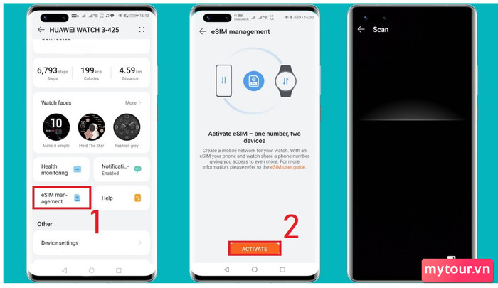 Mục Quản lý eSIM trong ứng dụng Huawei Health để kích hoạt sim đồng hồ thông minh