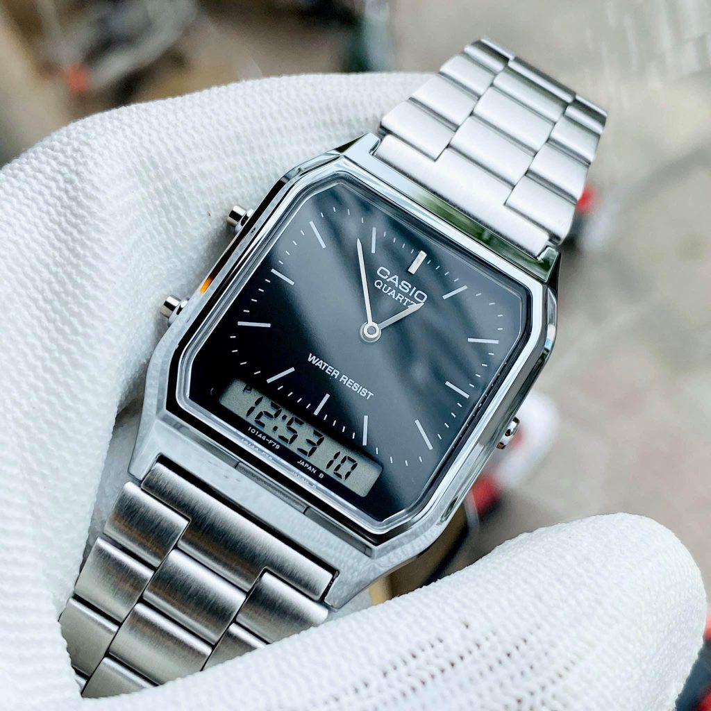 Mẫu đồng hồ Casio nữ mặt vuông AQ-230A-1D hiển thị cả số và kim, máy quartz bền bỉ