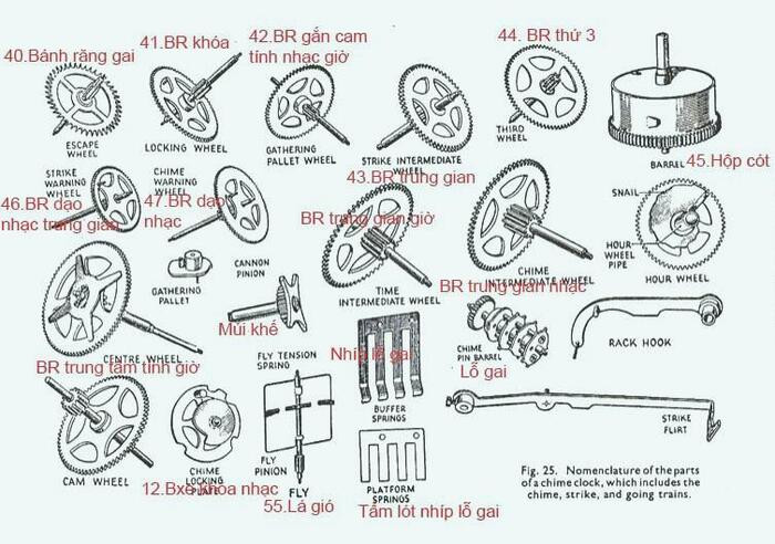 Bộ máy cơ phức tạp bên trong đồng hồ treo tường quả lắc, hiển thị các bánh răng và hộp cót