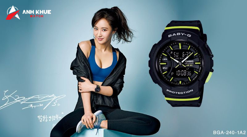 Đồng hồ thể thao Casio nữ Baby-G BGA-240-1A2 màu đen xanh lá, dây lỗ thoáng khí phù hợp tập luyện.