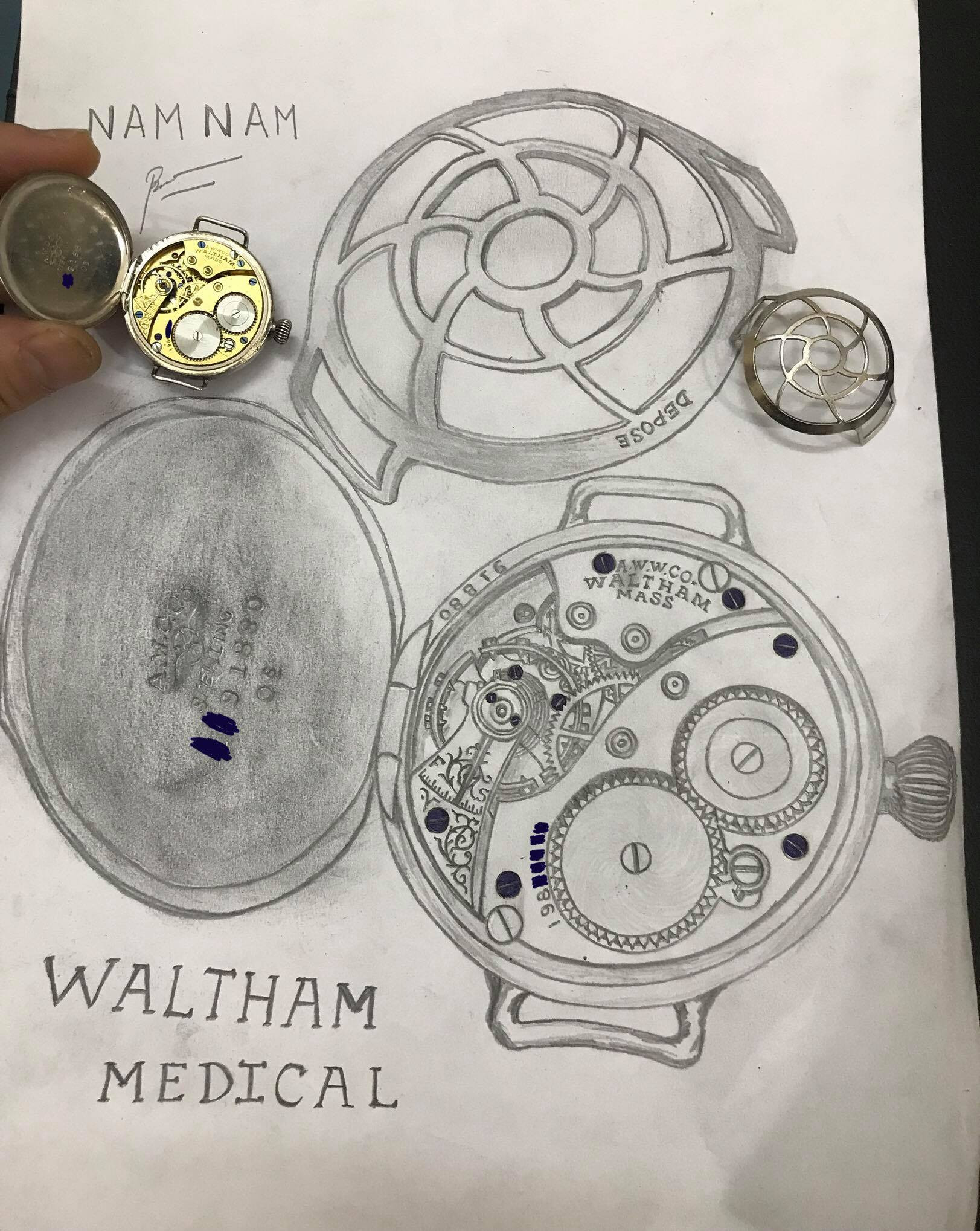 Bức vẽ minh họa đồng hồ đeo tay Waltham Medical của nhà sưu tầm