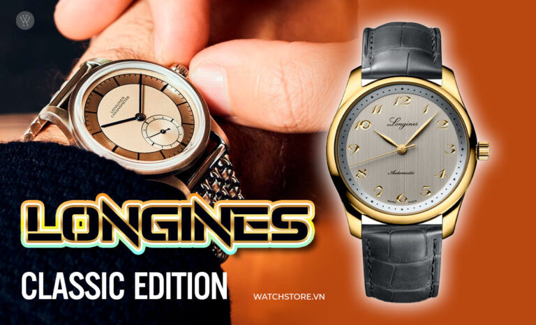 Một chiếc đồng hồ Longines cổ điển với mặt số đen và dây đeo da, tượng trưng cho bộ sưu tập Classic Edition và sự tinh tế trong thiết kế của Longines.