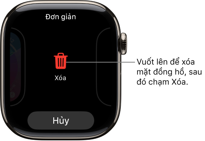Màn hình Apple Watch với tùy chọn xóa và hủy bỏ, hướng dẫn cách gỡ bỏ mặt đồng hồ Apple Watch khỏi bộ sưu tập.