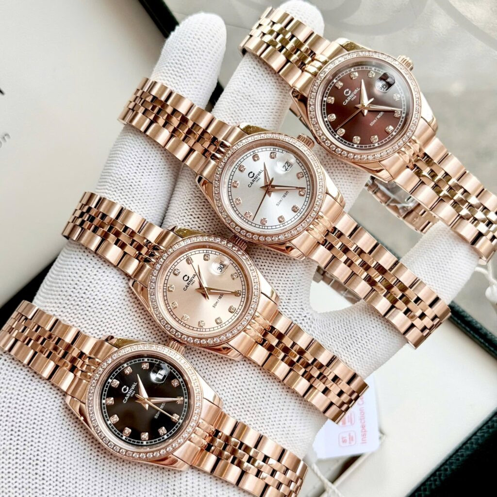 Bộ máy quartz Nhật Bản bền bỉ và tính năng lịch ngày trên đồng hồ nữ Carnival