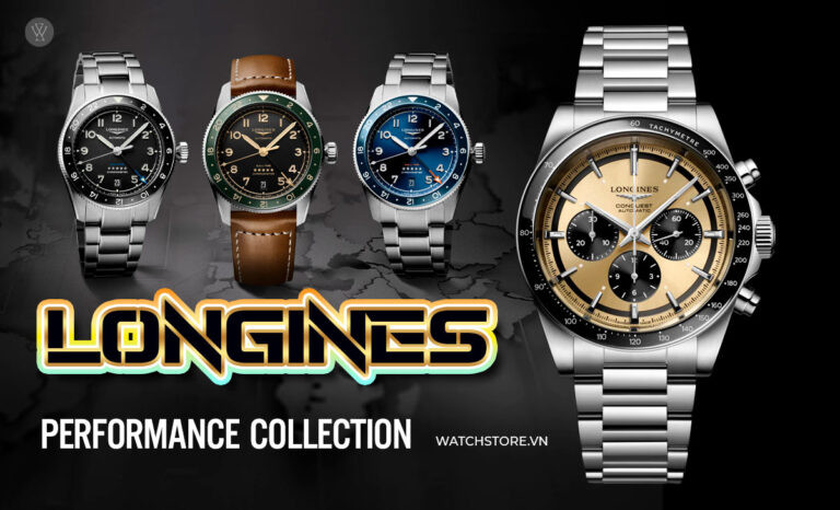 Đồng hồ thể thao Longines với mặt số phức tạp và các chức năng bấm giờ, đại diện cho hiệu suất cao của Performance Collection.
