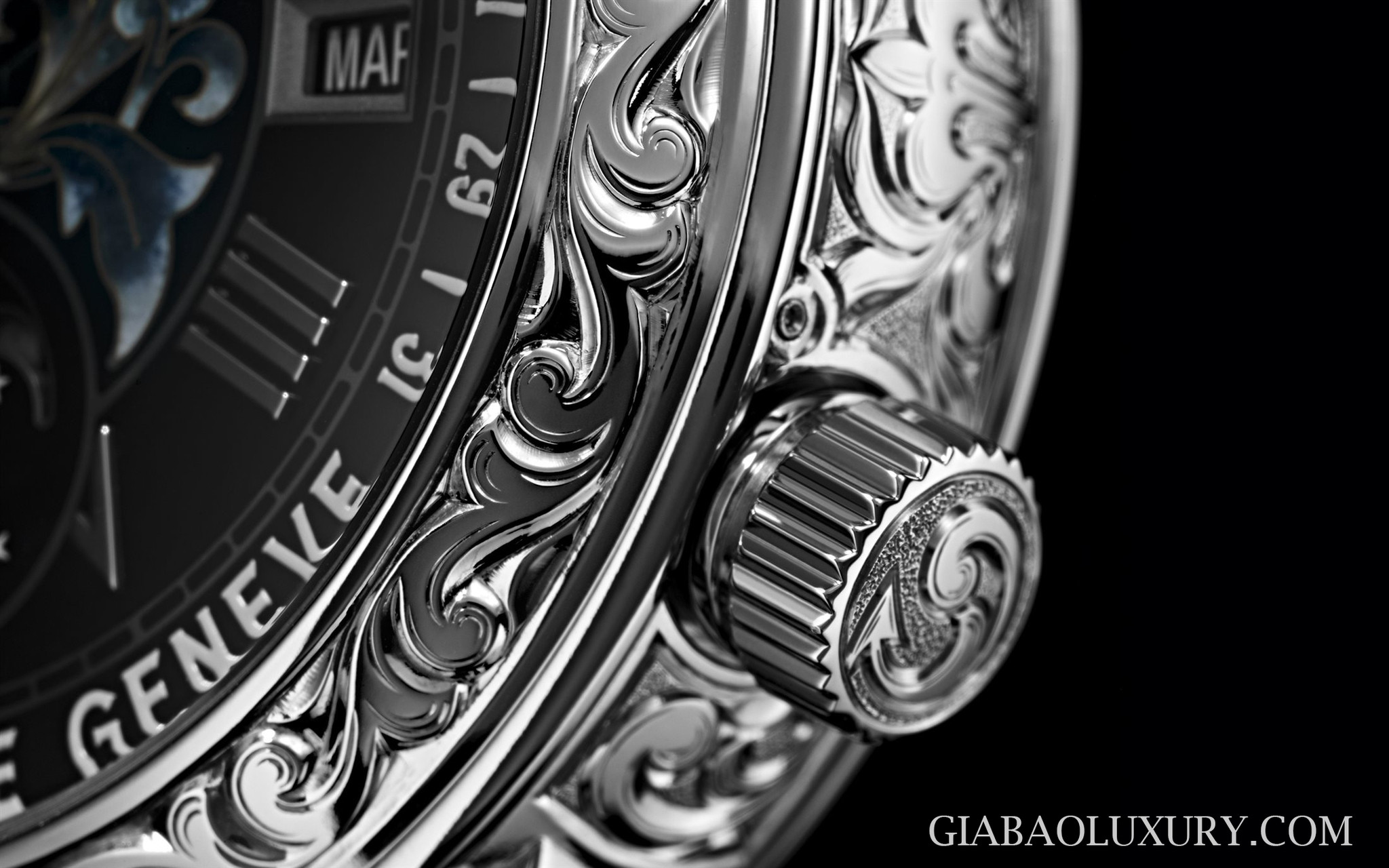 Cận cảnh mặt số Patek Philippe Grand Complications 6002G-010 hiển thị tourbillon