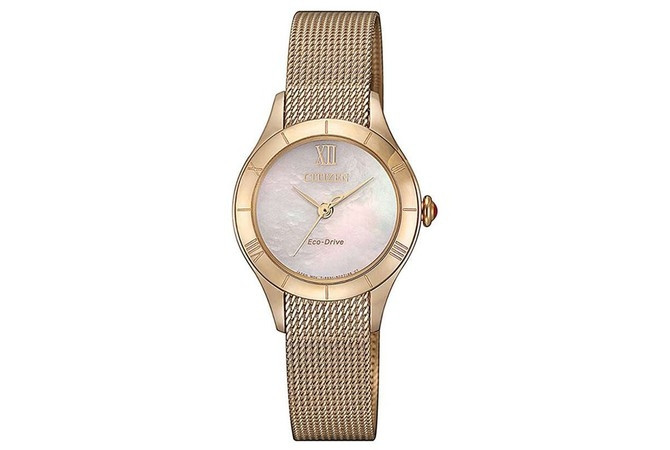 Đồng hồ nữ Citizen EM0783-85D màu vàng, mặt kính sapphire và dây lưới thời trang