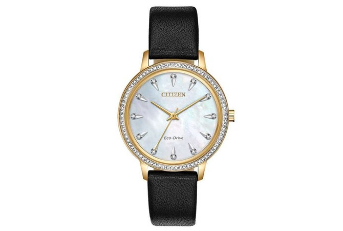 Đồng hồ nữ Citizen FE7042-07D dây da đen, mặt số vàng lấp lánh chi tiết độc đáo