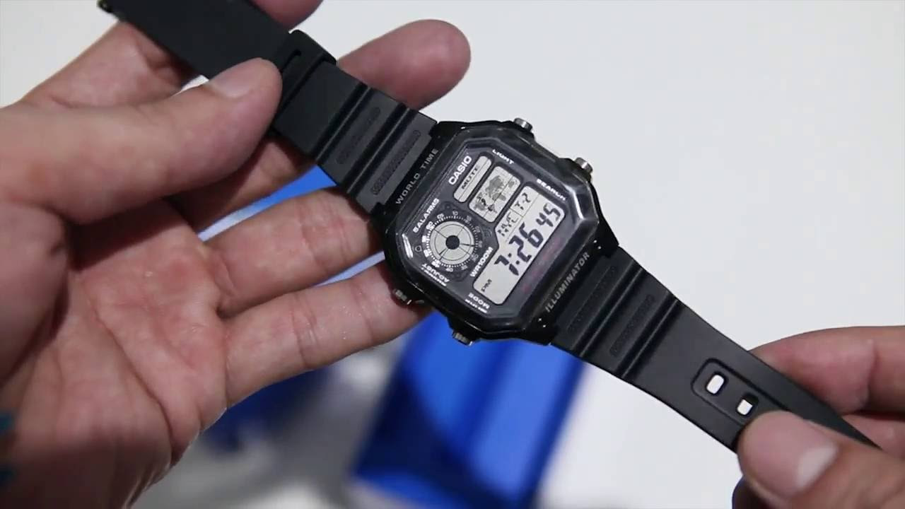 màn hình đồng hồ Casio AE-1200WH đang ở chế độ báo thức (ALM), một phần quan trọng trong hướng dẫn cách chỉnh giờ và cài đặt đồng hồ Casio AE-1200WH