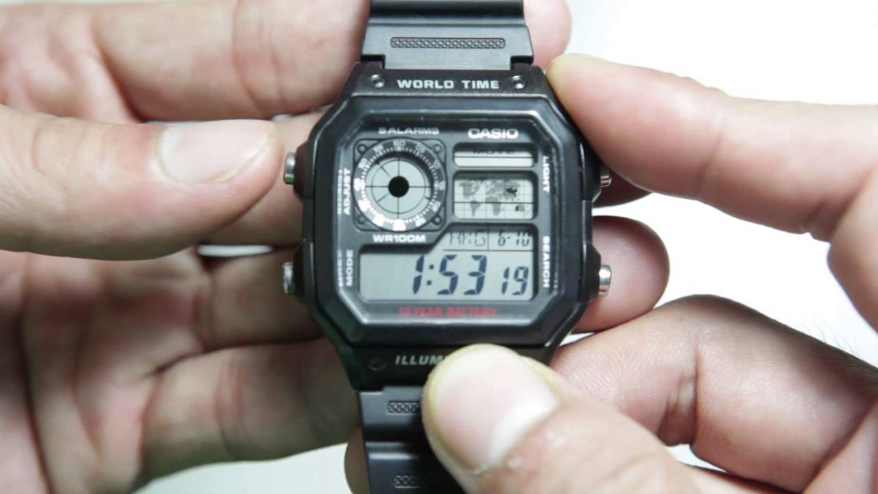 sơ đồ các nút chức năng trên đồng hồ Casio AE-1200WH, minh họa cho cách chỉnh giờ và các chế độ khác