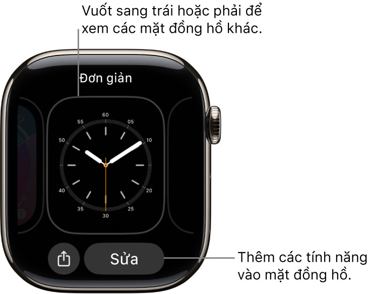 Giao diện Apple Watch hiển thị tùy chọn sửa và chia sẻ mặt đồng hồ, giúp người dùng tùy biến giao diện Apple Watch dễ dàng.
