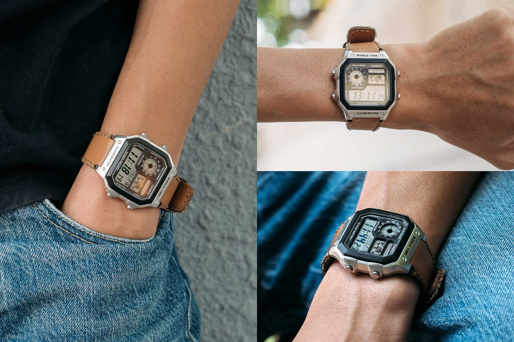Đồng hồ Casio 1200WHD dây da với thiết kế mặt vuông và dây đeo màu nâu cá tính