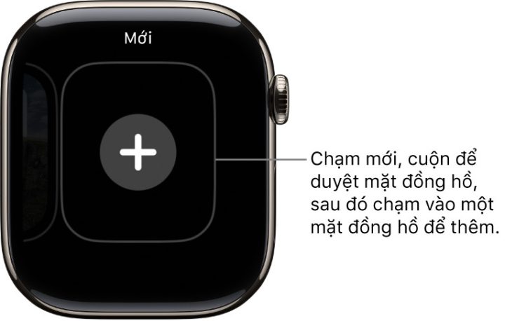 Hình ảnh màn hình Apple Watch với nút cộng để thêm mặt đồng hồ mới, minh họa việc thay mặt đồng hồ Apple Watch.