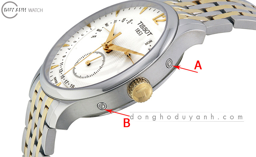 Vị trí nút A và B trên đồng hồ Tissot Perpetual Calendar hỗ trợ chỉnh lịch vạn niên