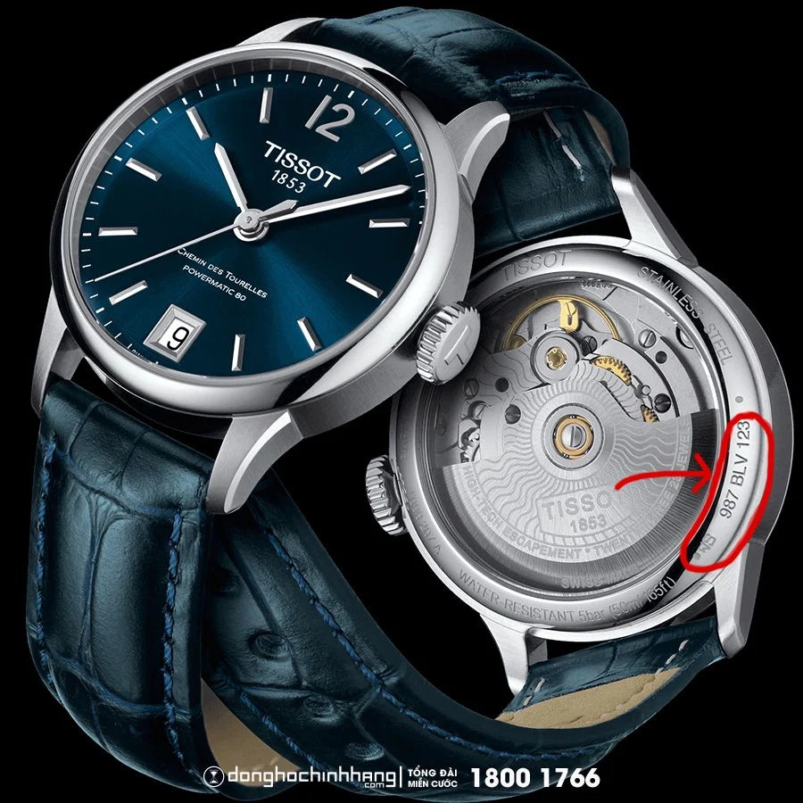 Mặt sau đồng hồ Tissot với số serial và các ký hiệu khắc