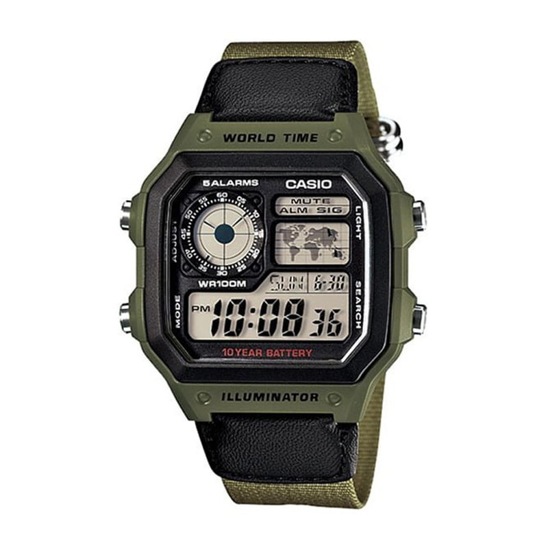Đồng hồ điện tử Casio AE-1200WHB-3B dây vải màu xanh rêu