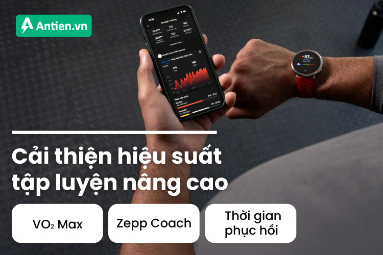 Các chỉ số hiệu suất luyện tập nâng cao như VO2 Max được hiển thị trên đồng hồ thông minh Active 2