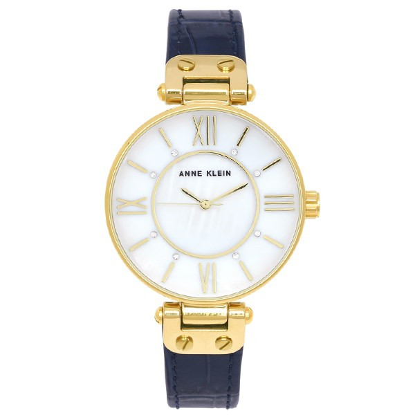Mẫu đồng hồ Anne Klein mặt tròn AK/3228MPNV dây xanh dương viền vàng nổi bật.