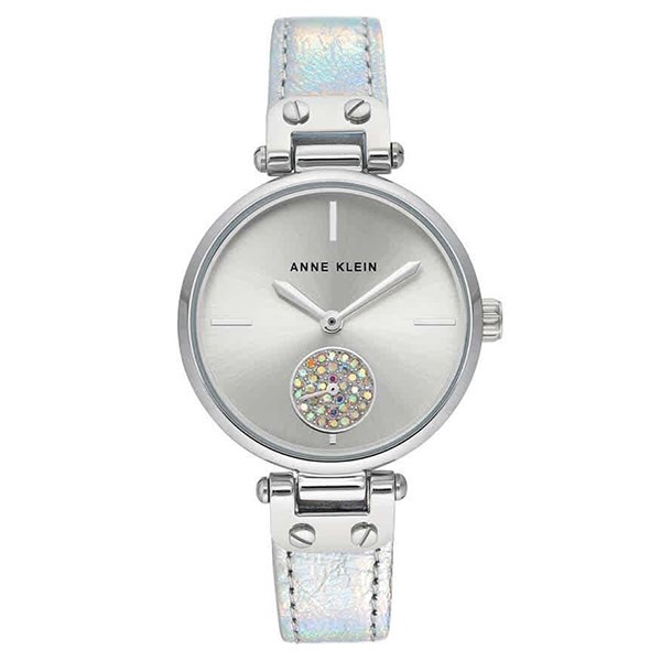 Đồng hồ Anne Klein mặt tròn AK/3381SVSI với dây da tổng hợp ánh kim bạc sang trọng.