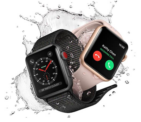 Apple Watch Series 3 LTE với màn hình hiển thị tính năng chống nước và biểu tượng giọt nước, thể hiện khả năng chống nước vượt trội