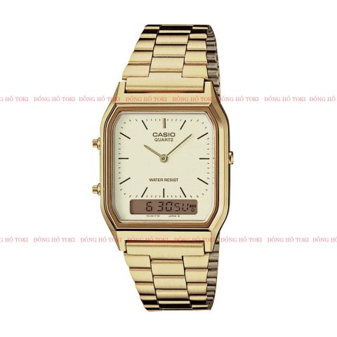 Đồng hồ Casio AQ-230GA-9D màu vàng cổ điển với mặt kim và điện tử