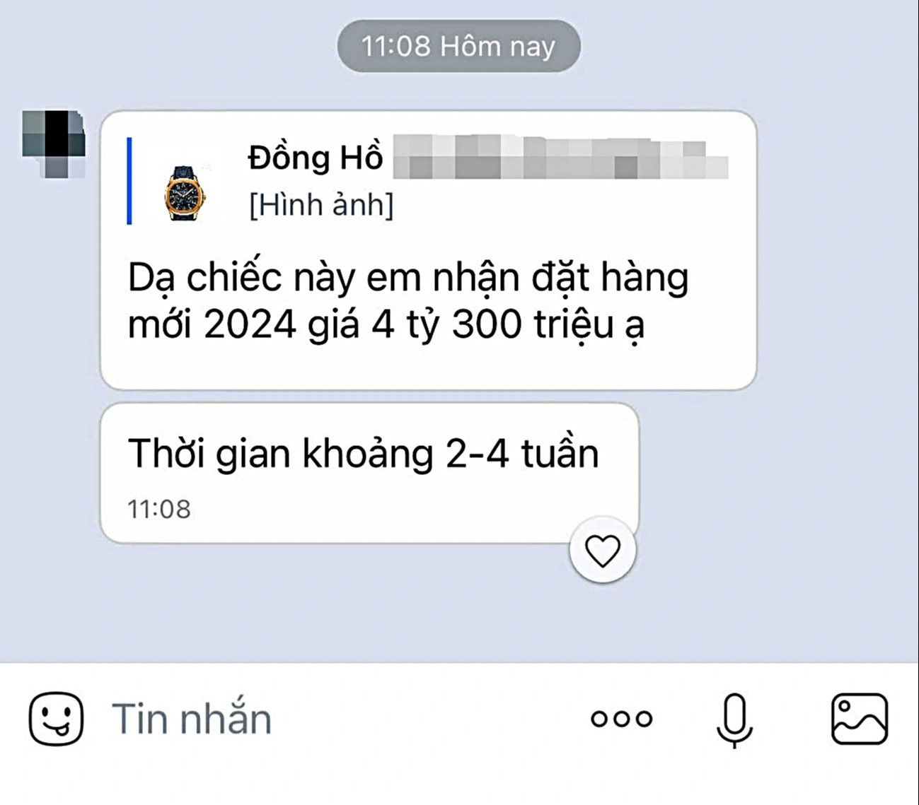Tin nhắn trao đổi về việc đặt mua :đồng hồ thế giới đi đồng trị giá 4,3 tỷ đồng, thể hiện quy trình phức tạp và thời gian chờ đợi lâu dài