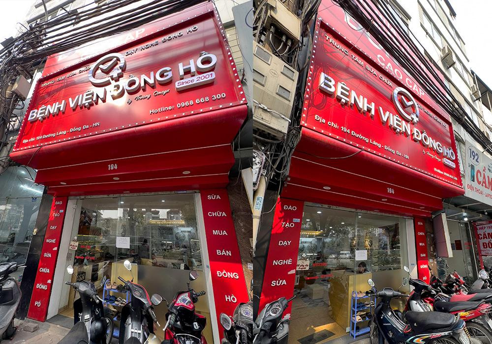 Cảnh bên ngoài chi nhánh Bệnh Viện Đồng Hồ Hà Nội tại 194 Đường Láng, Đống Đa, với thiết kế hiện đại