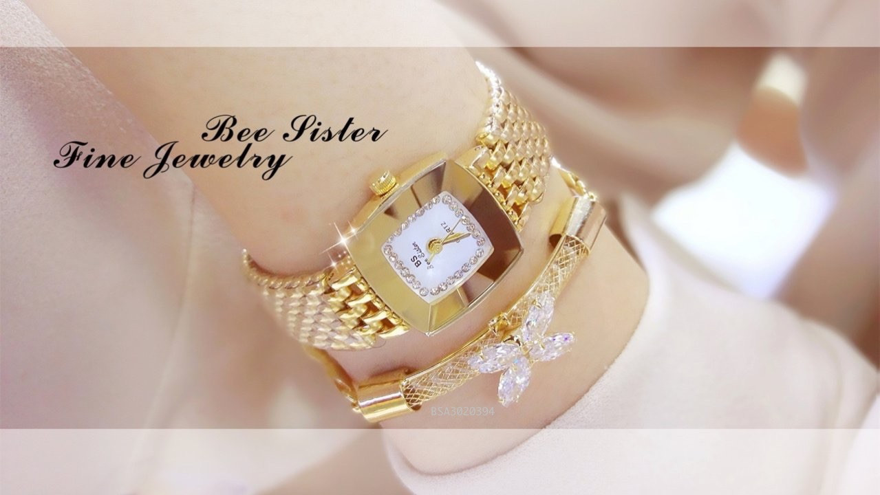 Đồng hồ Bee Sister nữ mặt vuông pha lê đeo tay màu vàng