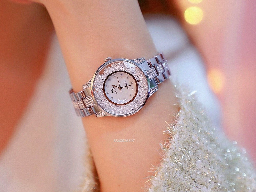 Đồng hồ Bee Sister nữ hạt đá thủy tinh xoay màu bạc