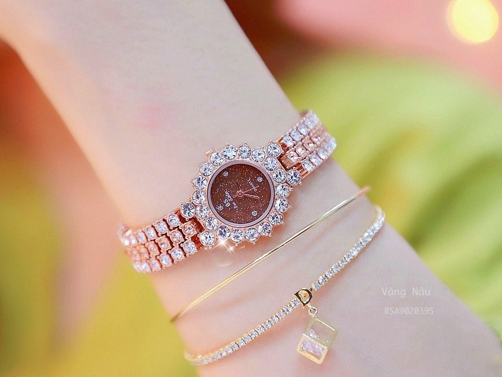 Đồng hồ Bee Sister nữ mặt kim tuyến dây full đá màu vàng nâu