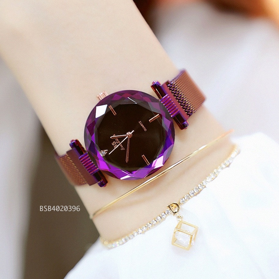 Đồng hồ Bee Sister nữ mặt hoa kim cương dây nam châm màu tím