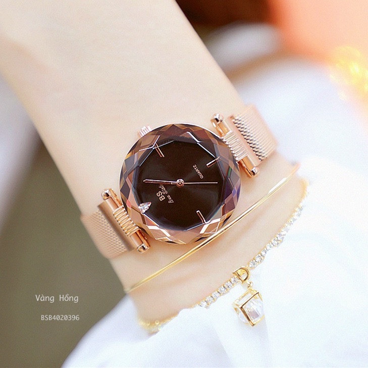 Đồng hồ Bee Sister nữ mặt hoa kim cương dây nam châm màu vàng hồng