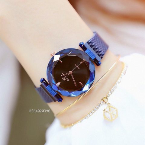 Đồng hồ Bee Sister nữ mặt hoa kim cương dây nam châm màu xanh