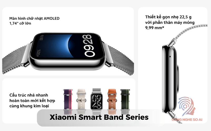 Xiaomi Smart Band 8 với thiết kế nhỏ gọn, dây đeo màu sắc trên cổ tay, đại diện cho nhóm các loại đồng hồ thông minh giá rẻ tiện lợi cho việc theo dõi sức khỏe hàng ngày.