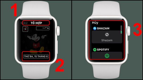 Lướt đến phần "TỔ HỢP" để thêm ứng dụng và tiện ích vào mặt đồng hồ Apple Watch.