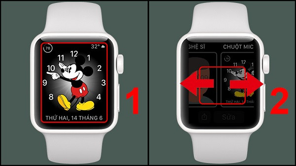 Thao tác nhấn giữ Digital Crown để tùy chỉnh mặt đồng hồ Apple Watch trực tiếp trên thiết bị.