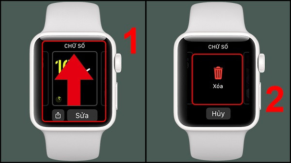 Thao tác vuốt lên để hiển thị tùy chọn xóa mặt đồng hồ Apple Watch không mong muốn.