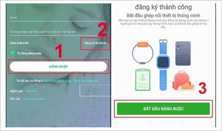 Màn hình ứng dụng Setracker 2 với tùy chọn ràng buộc thiết bị